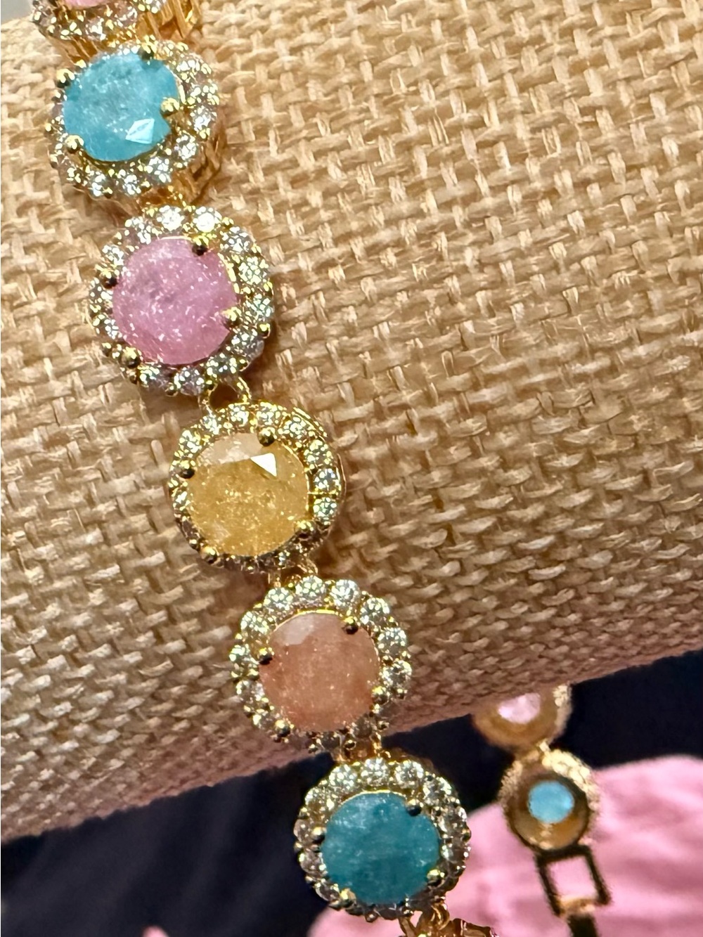 Gold-Tone Multicolor Candied Crystal Halo Bracelet - Pink, Blue, Yellow